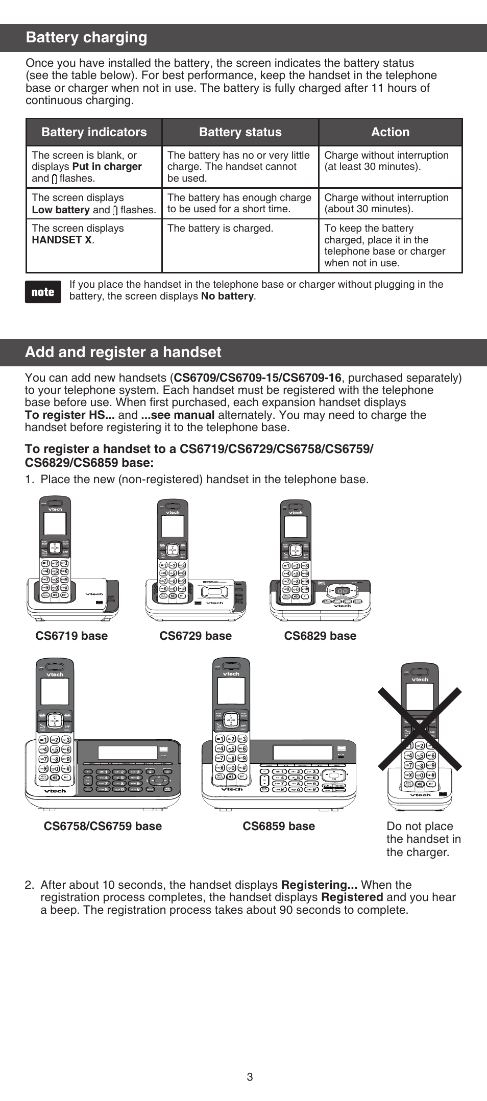 Add and register a handset, Battery charging | VTech CS6709_-15-16 Manual User Manual | Page 3 / 8