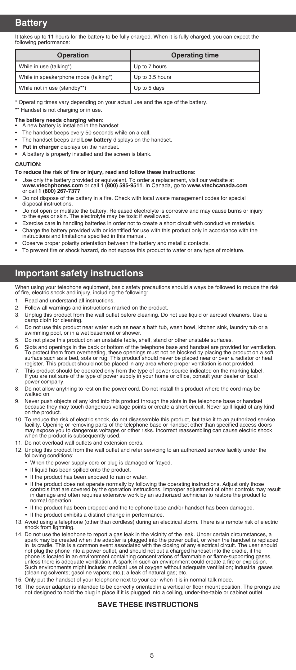 Battery, Important safety instructions, Save these instructions | Operation operating time | VTech CS6709_-15-16 Manual User Manual | Page 5 / 8