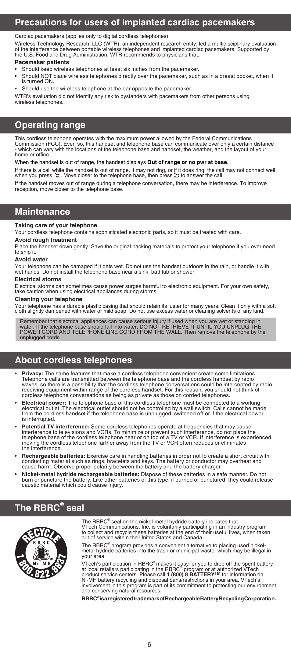 Operating range, Maintenance, About cordless telephones | The rbrc, Seal | VTech CS6709_-15-16 Manual User Manual | Page 6 / 8