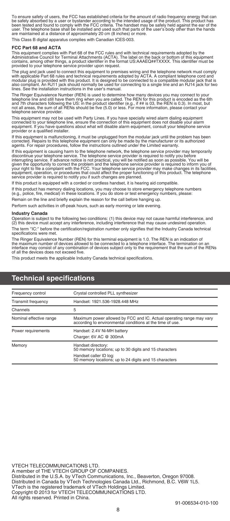 Technical specifications | VTech CS6709_-15-16 Manual User Manual | Page 8 / 8