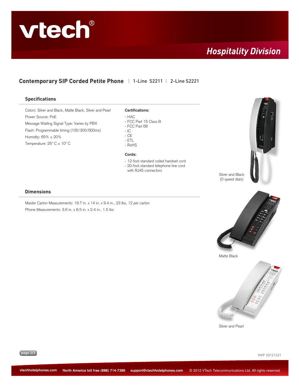 Contemporary sip corded petite phone, Key features | VTech S2221 Spec Sheets User Manual | Page 2 / 3