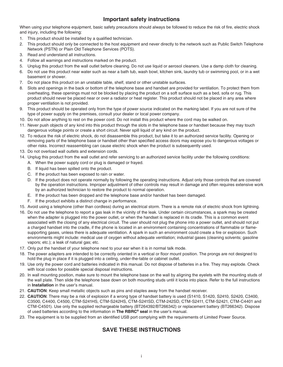 Important safety instructions, Save these instructions | VTech CTM-S242SD Manual User Manual | Page 2 / 94