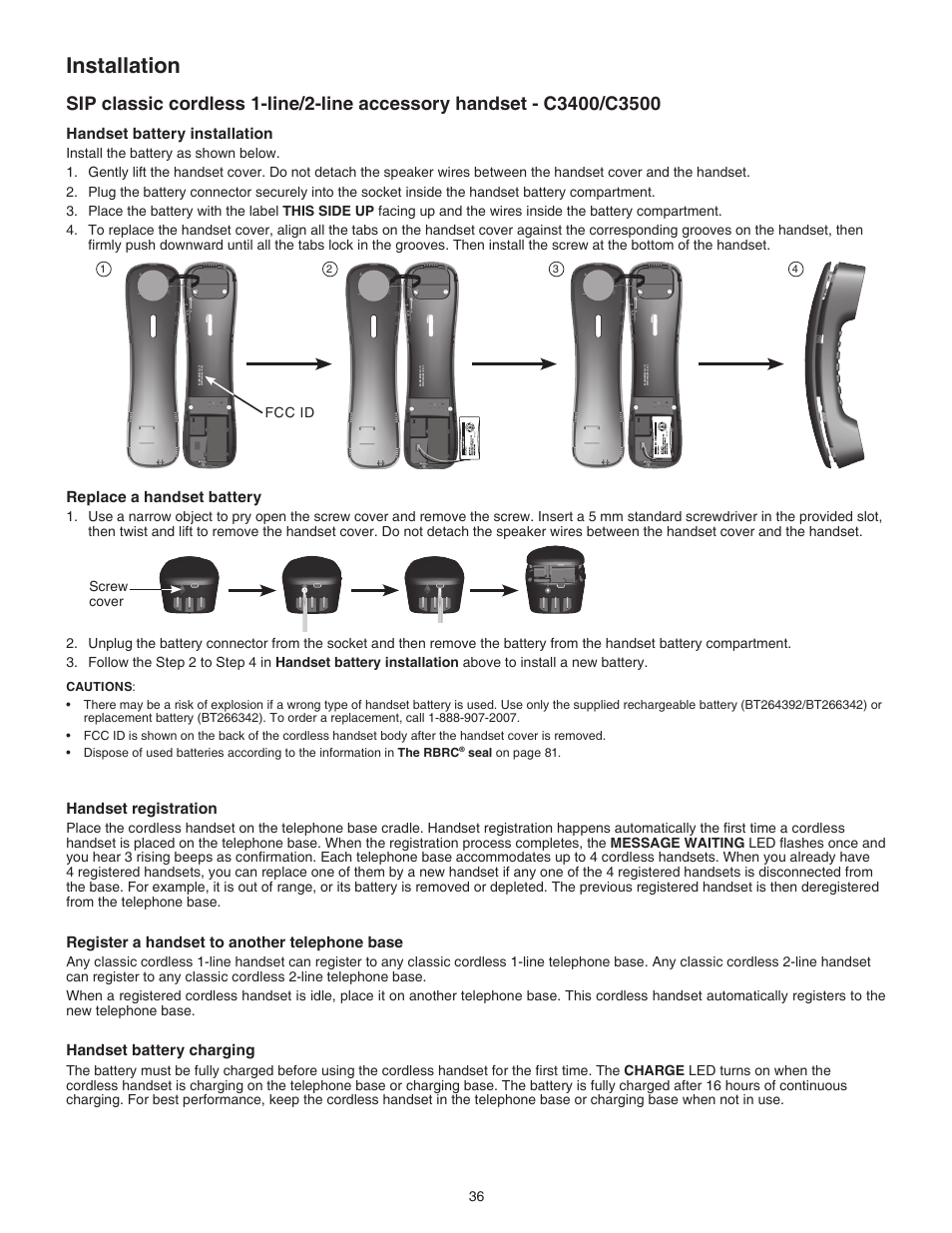 Installation, Handset battery installation, Replace a handset battery | Handset registration, Register a handset to another telephone base, Handset battery charging, By 102 1, By 1021, Seal on page 81 | VTech CTM-S242SD Manual User Manual | Page 40 / 94