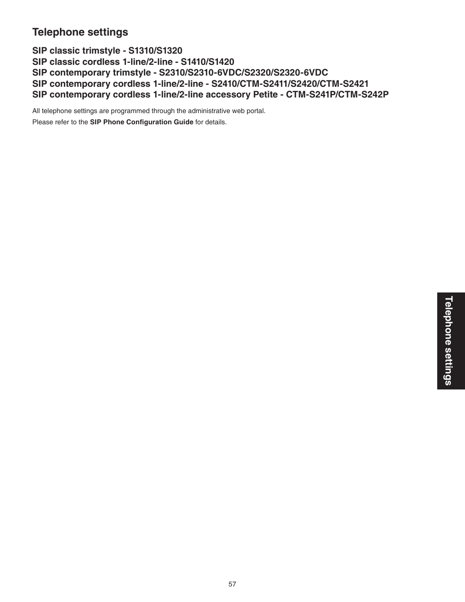 Telephone settings, Sip classic trimstyle - s1310/s1320, Sip classic cordless 1-line/2-line - s1410/s1420 | VTech CTM-S242SD Manual User Manual | Page 61 / 94