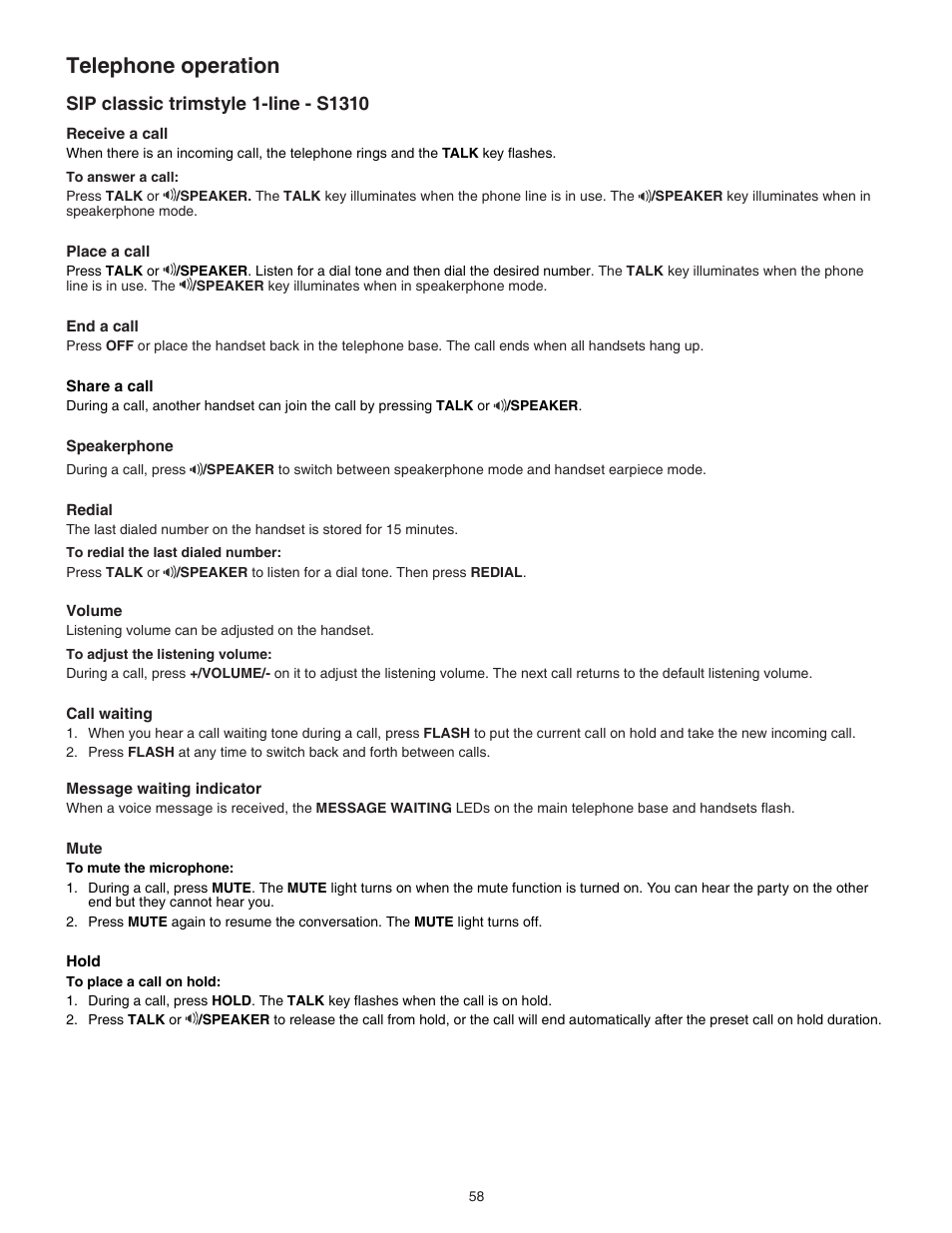 Telephone operation, Sip classic trimstyle 1-line - s1310 | VTech CTM-S242SD Manual User Manual | Page 62 / 94