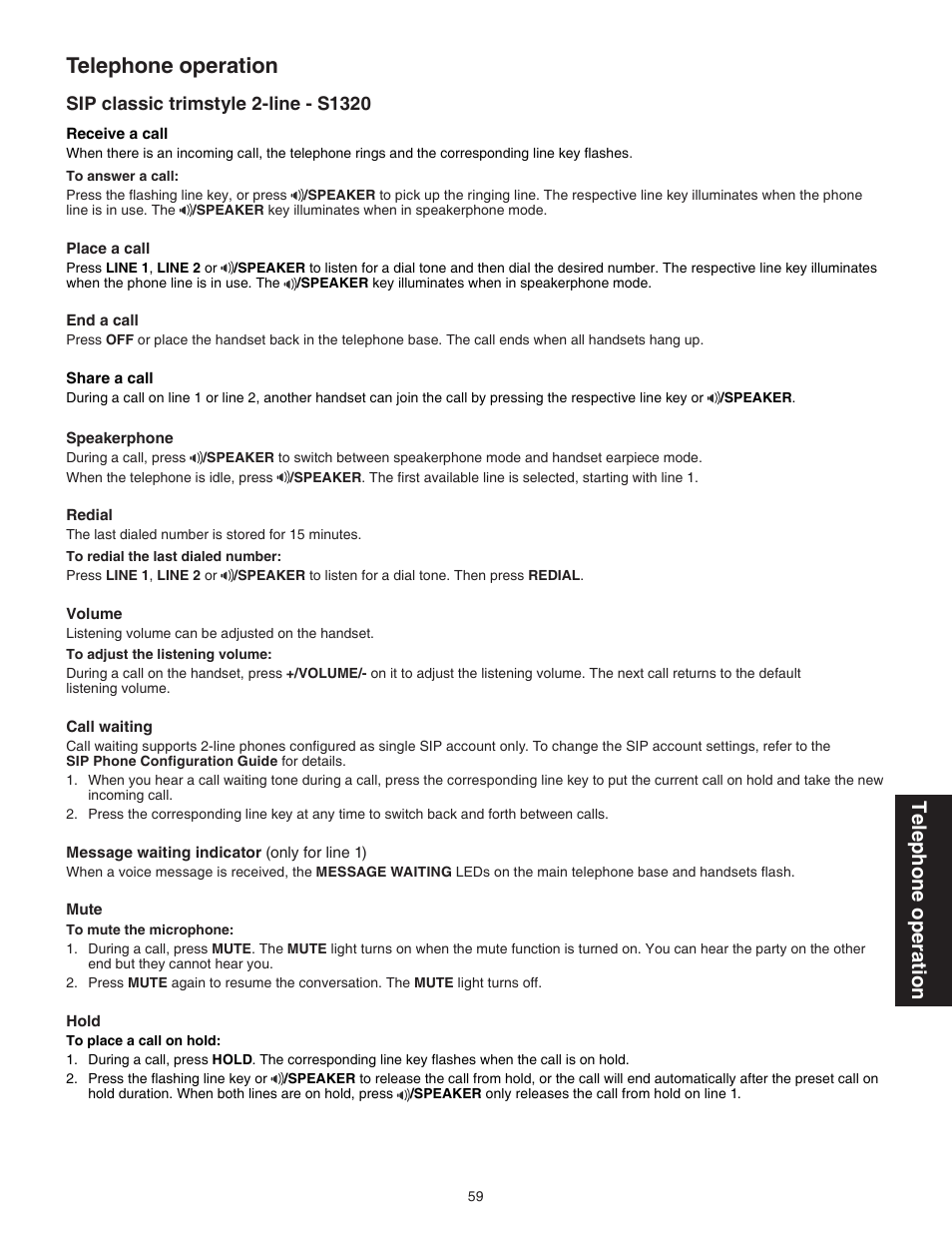 Sip classic trimstyle 2-line - s1320, Telephone operation | VTech CTM-S242SD Manual User Manual | Page 63 / 94