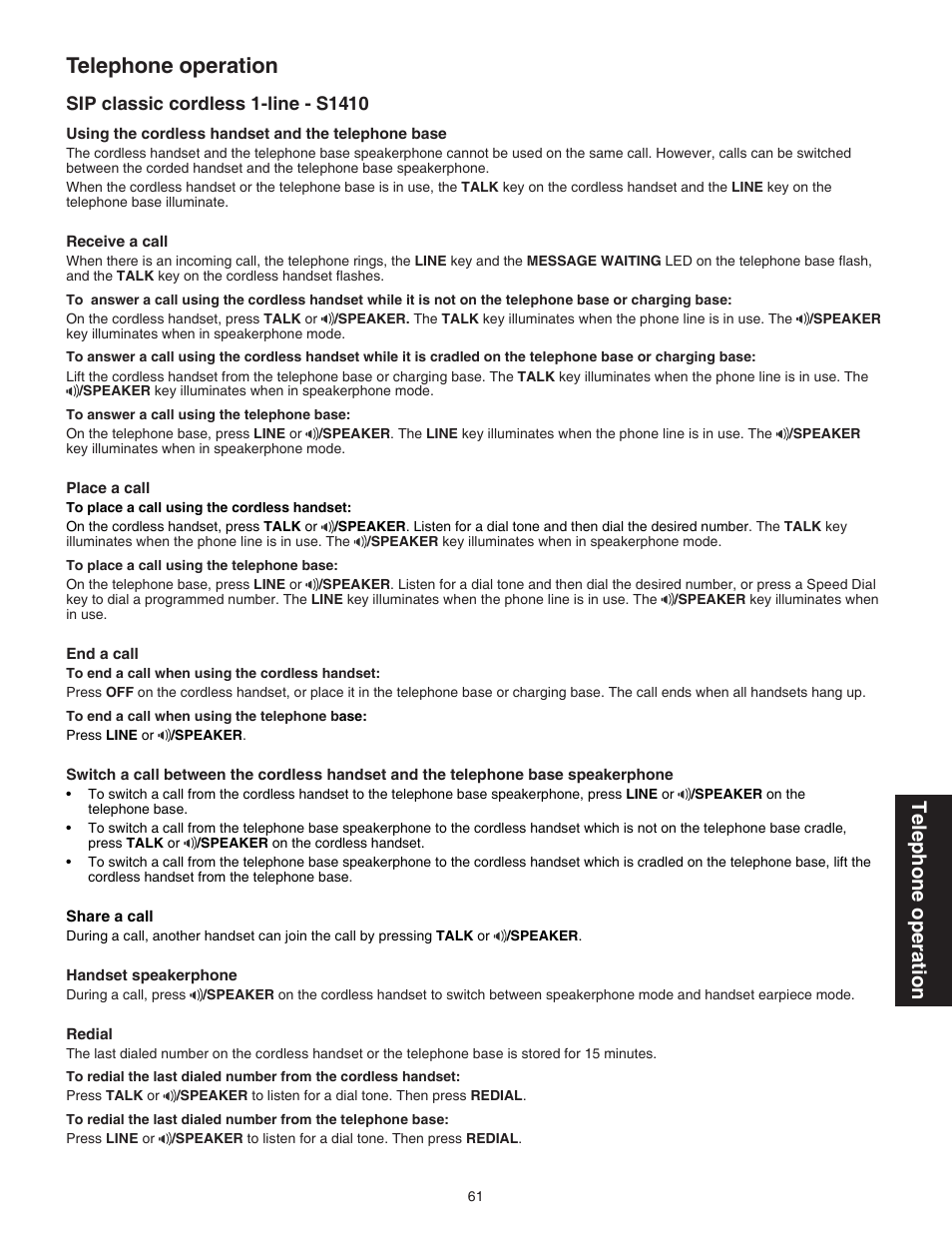 Sip classic cordless 1-line - s1410, Telephone operation | VTech CTM-S242SD Manual User Manual | Page 65 / 94