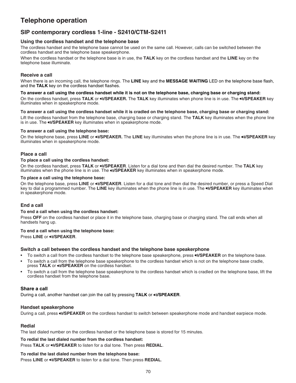 Sip contemporary cordless 1-line - s2410/ctm-s2411, Telephone operation | VTech CTM-S242SD Manual User Manual | Page 74 / 94