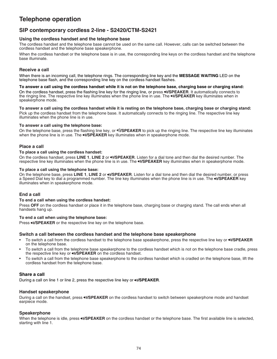 Sip contemporary cordless 2-line - s2420/ctm-s2421, Telephone operation | VTech CTM-S242SD Manual User Manual | Page 78 / 94