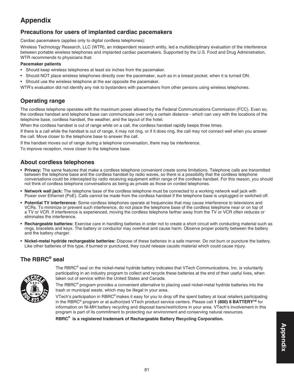 Operating range, About cordless telephones, The rbrc® seal | The rbrc, Seal, Appendix | VTech CTM-S242SD Manual User Manual | Page 85 / 94