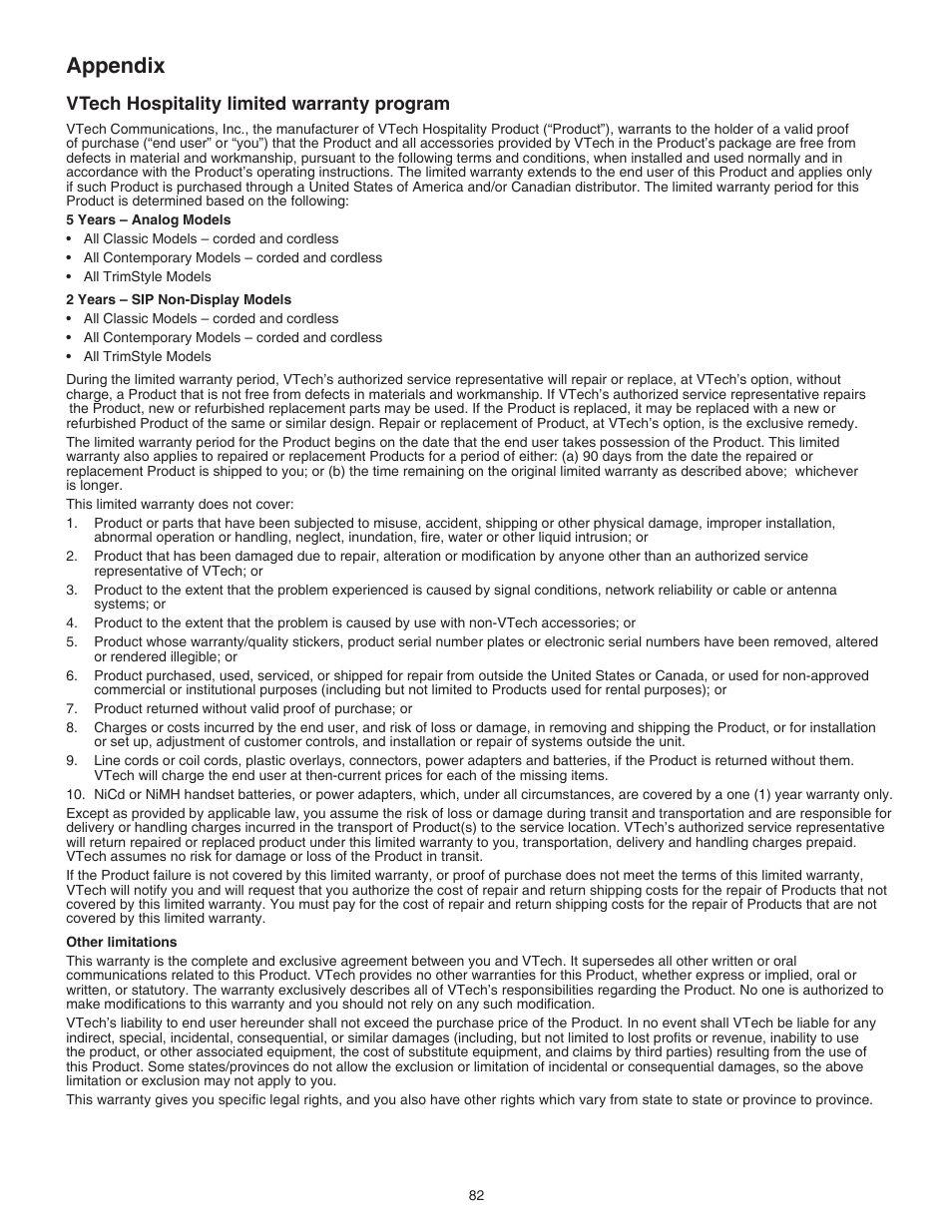 Vtech hospitality limited warranty program, Appendix | VTech CTM-S242SD Manual User Manual | Page 86 / 94