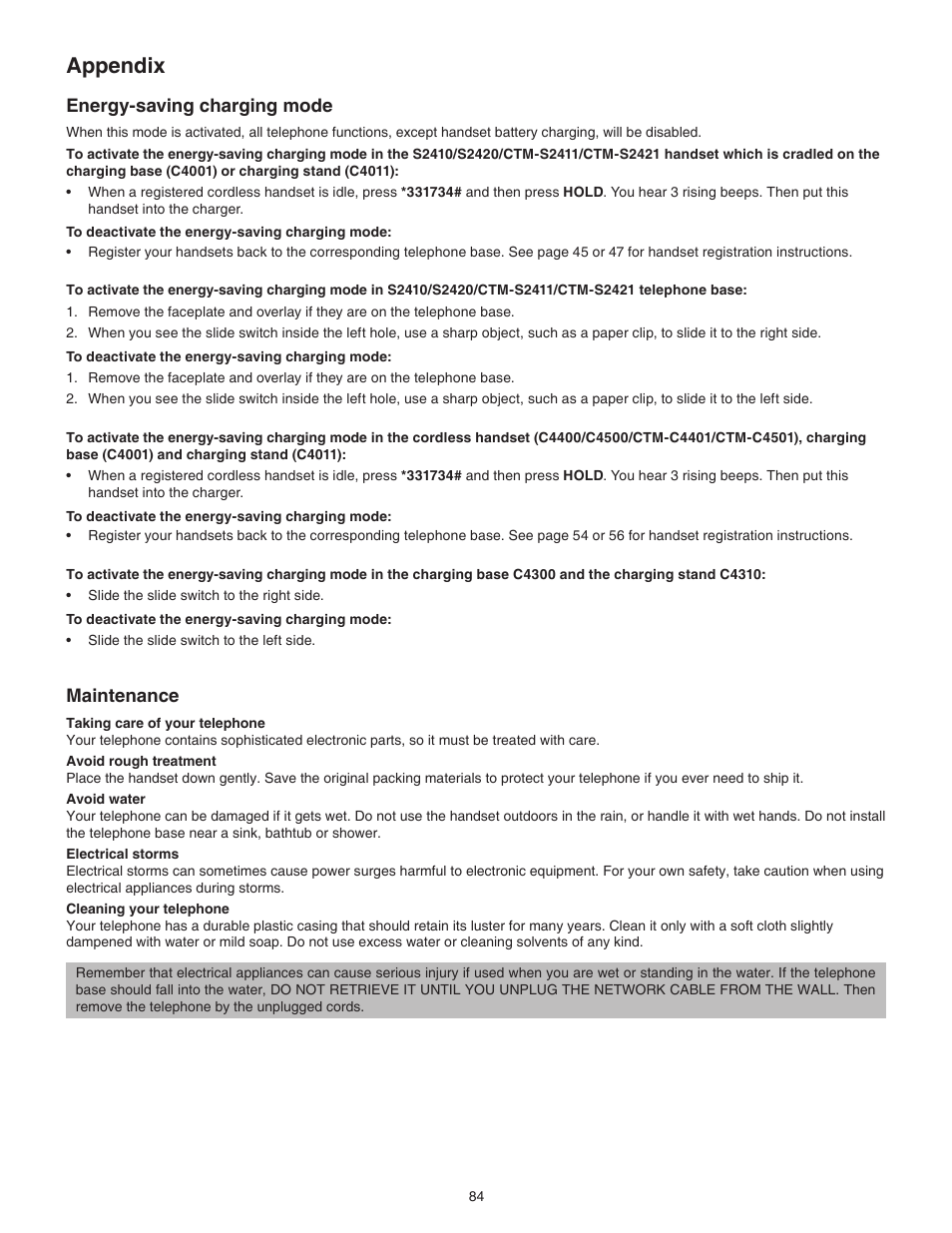 Energy-saving charging mode, Maintenance, Appendix | VTech CTM-S242SD Manual User Manual | Page 88 / 94