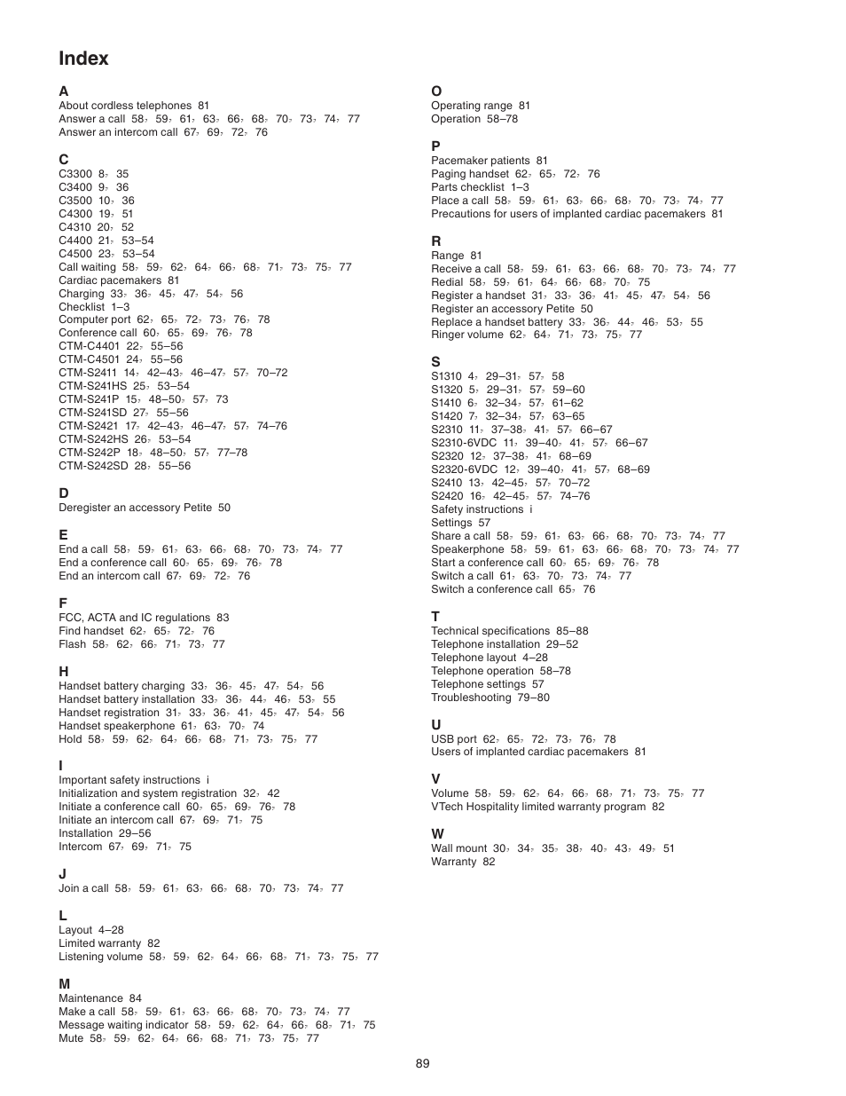 Index | VTech CTM-S242SD Manual User Manual | Page 93 / 94