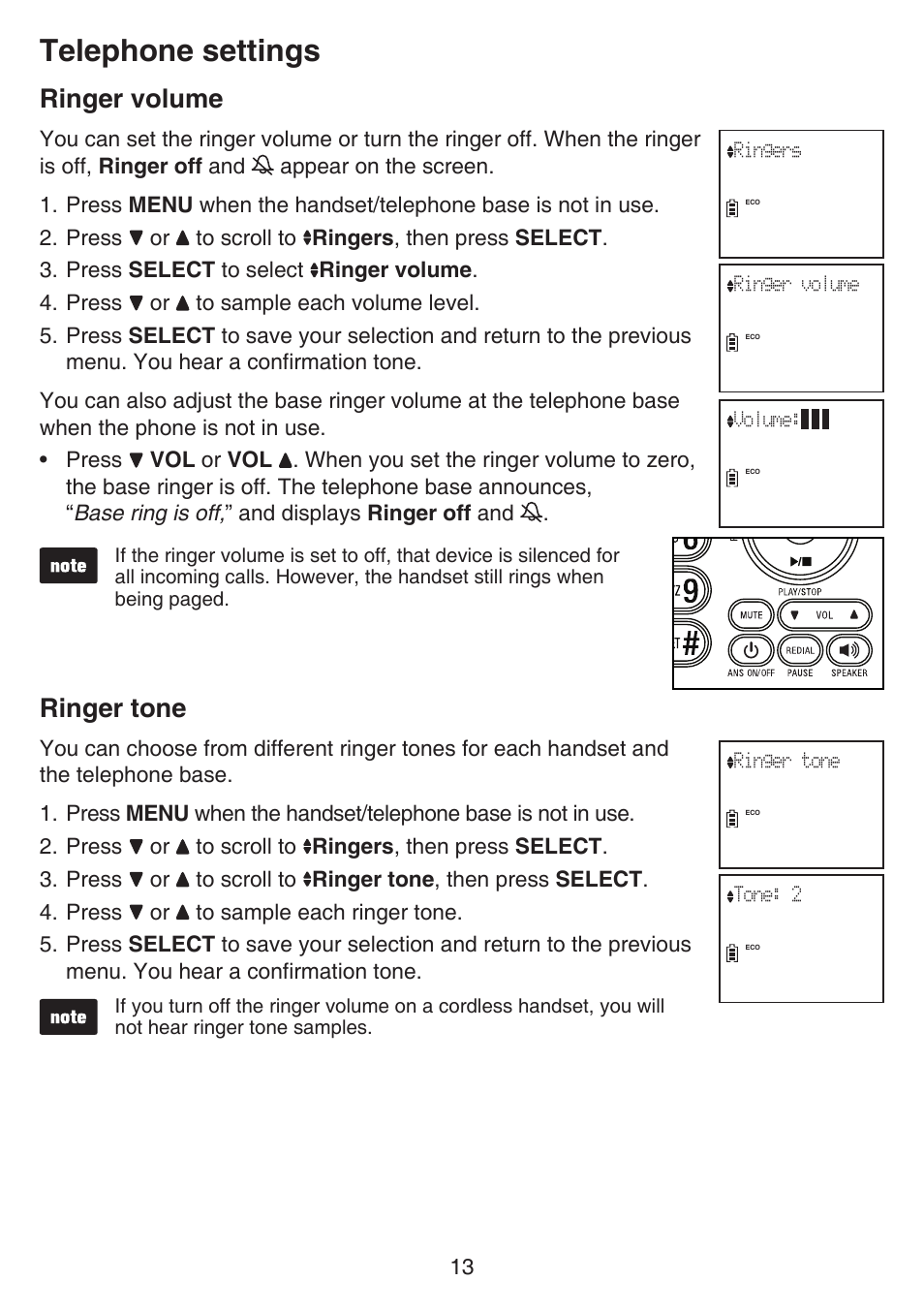 Ringer volume ringer tone, Telephone settings, Ringer volume | Ringer tone | VTech CS6649_-2-3 Manual User Manual | Page 17 / 87