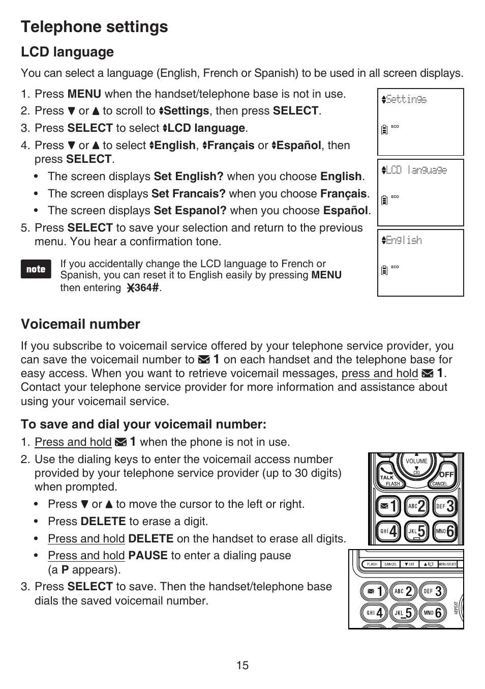 Lcd language voicemail number, Telephone settings, Lcd language | Voicemail number | VTech CS6649_-2-3 Manual User Manual | Page 19 / 87