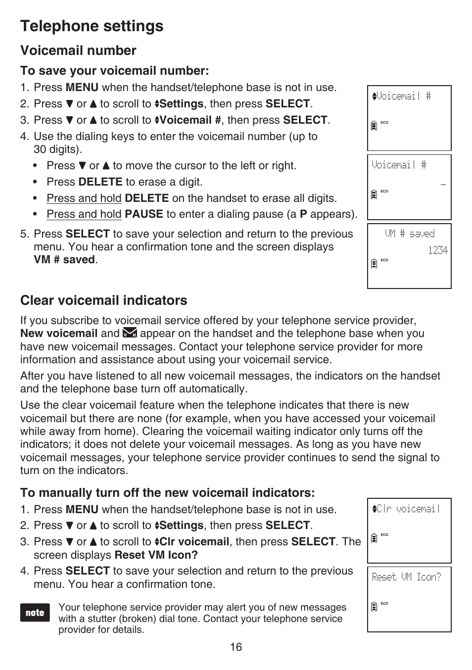 Clear voicemail indicators, Telephone settings, Voicemail number | VTech CS6649_-2-3 Manual User Manual | Page 20 / 87