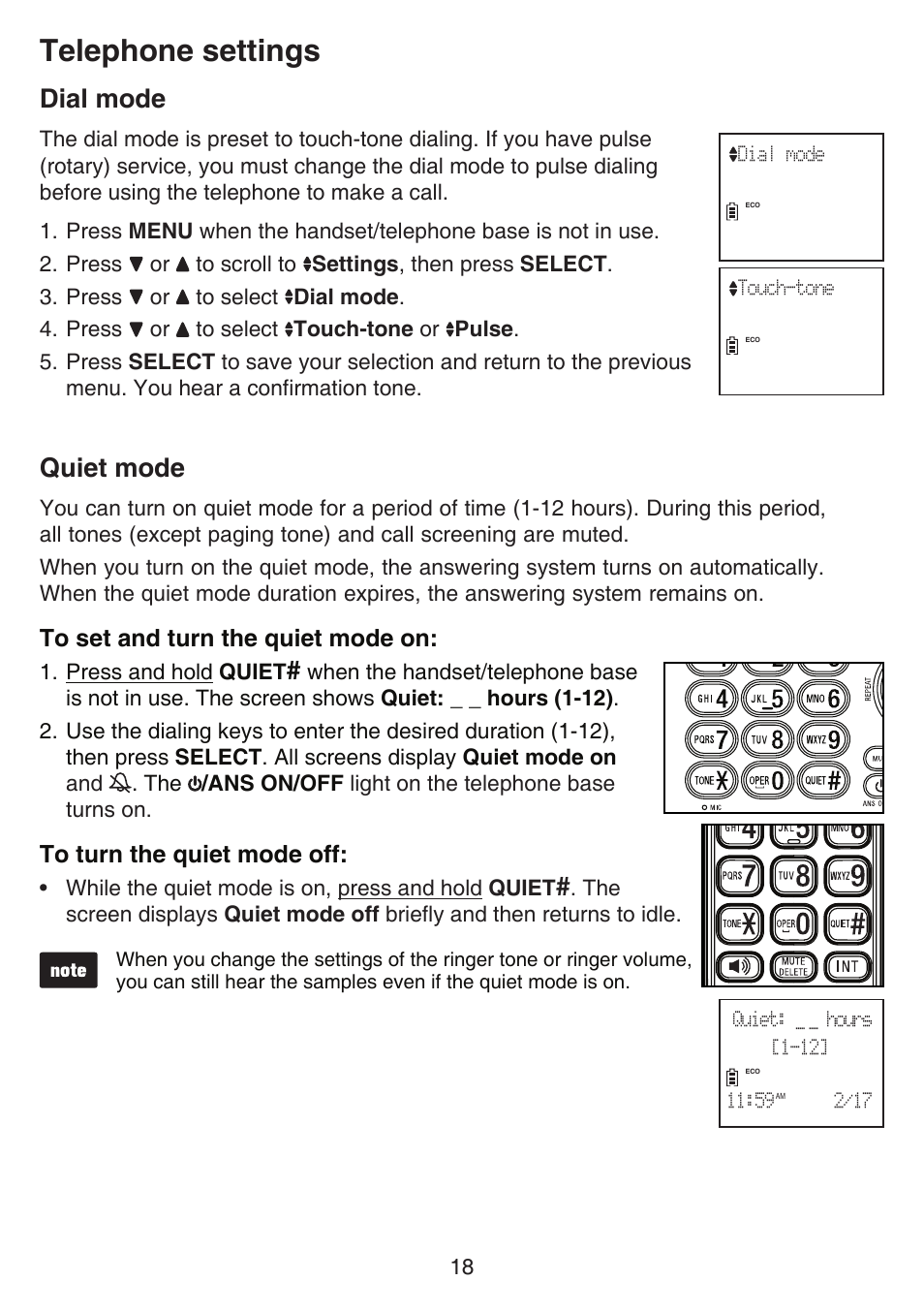 Dial mode, Telephone settings, Quiet mode | VTech CS6649_-2-3 Manual User Manual | Page 22 / 87