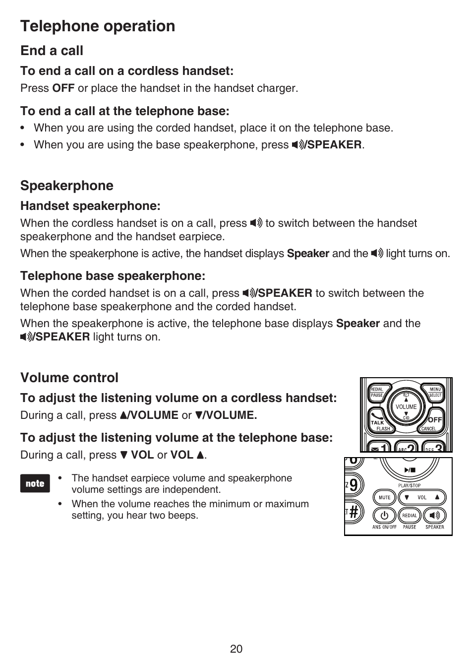 Flash, Mute, Temporary tone dialing | End a call speakerphone volume control, Telephone operation, End a call, Speakerphone, Volume control | VTech CS6649_-2-3 Manual User Manual | Page 24 / 87