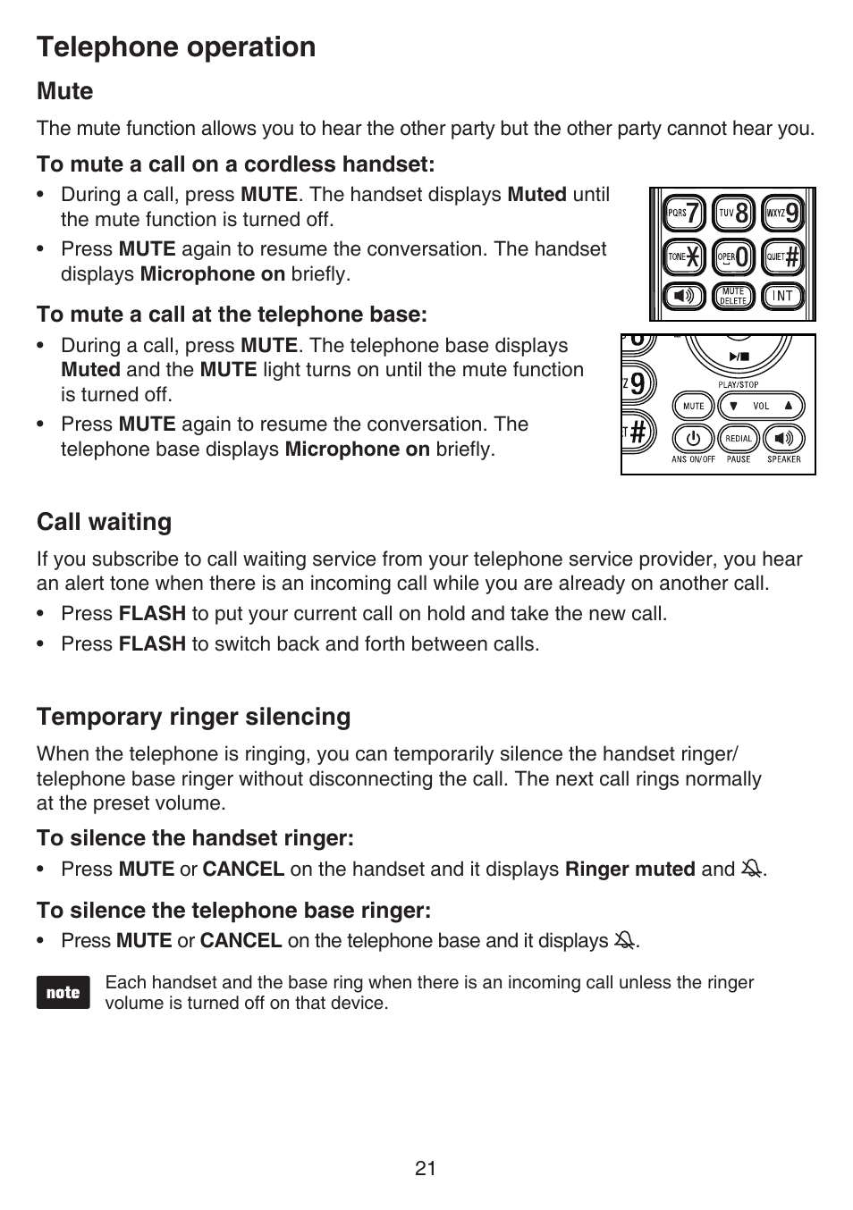 Memory overview, Storing a number in a one-touch location, Mute call waiting temporary ringer silencing | Telephone operation, Mute, Call waiting, Temporary ringer silencing | VTech CS6649_-2-3 Manual User Manual | Page 25 / 87