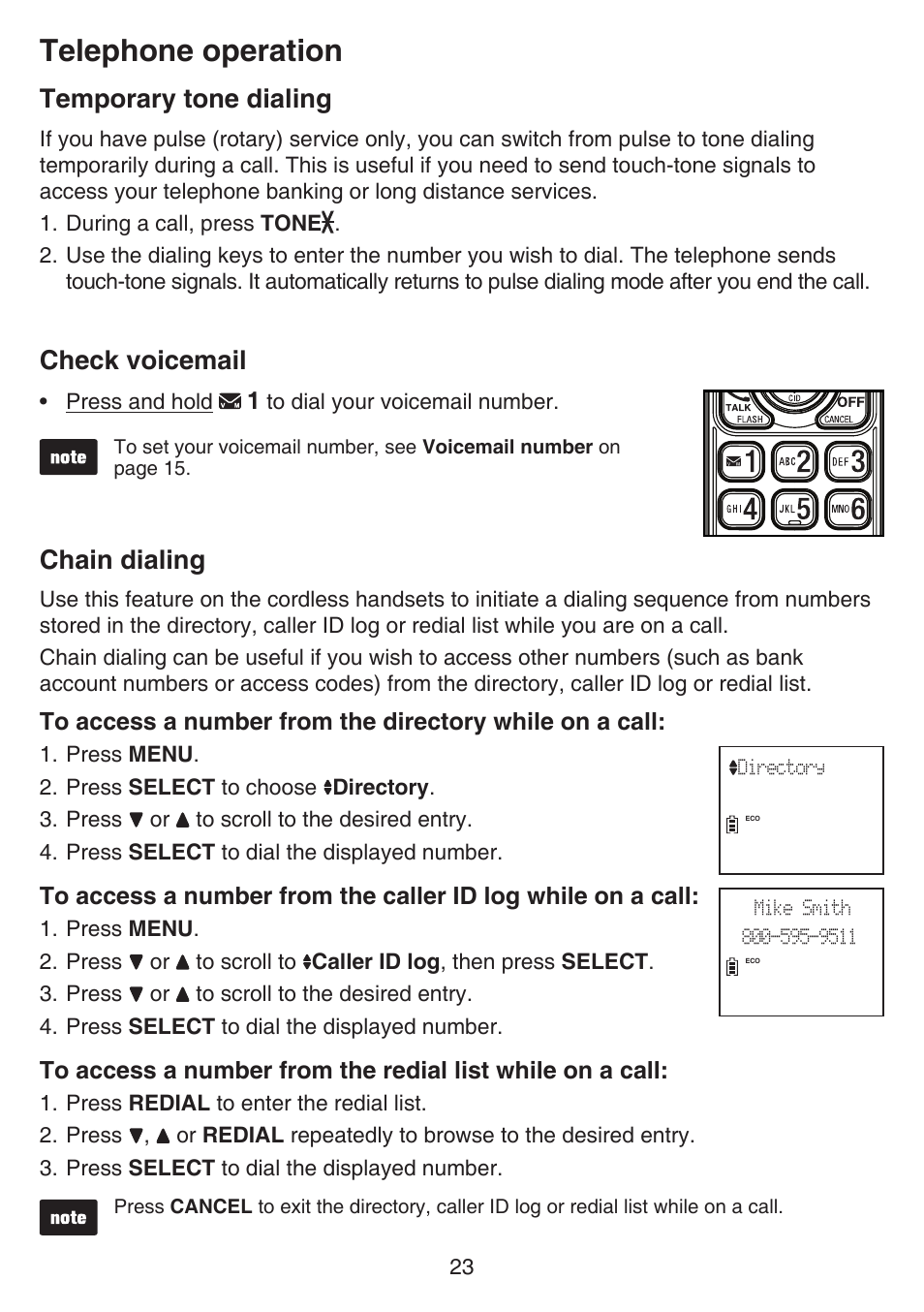 Dialing a number stored in the one-touch location, Storing a number in a two-touch location, Dialing a number stored in the two-touch location | Telephone operation, Temporary tone dialing, Check voicemail, Chain dialing | VTech CS6649_-2-3 Manual User Manual | Page 27 / 87
