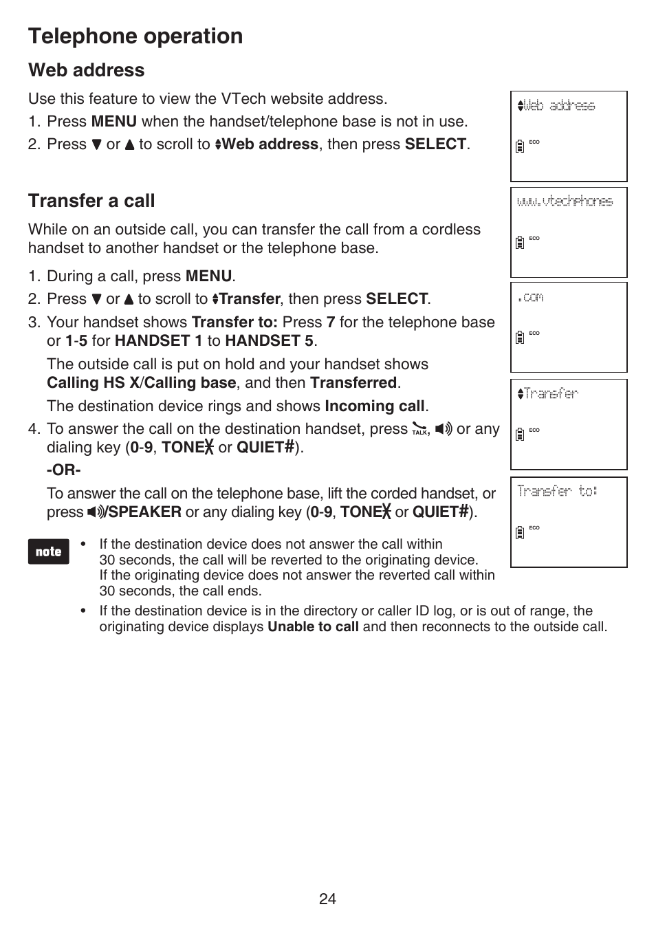 Web address transfer a call, Telephone operation, Web address | Transfer a call | VTech CS6649_-2-3 Manual User Manual | Page 28 / 87