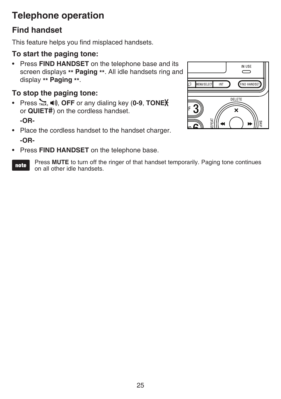 Find handset, Telephone operation | VTech CS6649_-2-3 Manual User Manual | Page 29 / 87