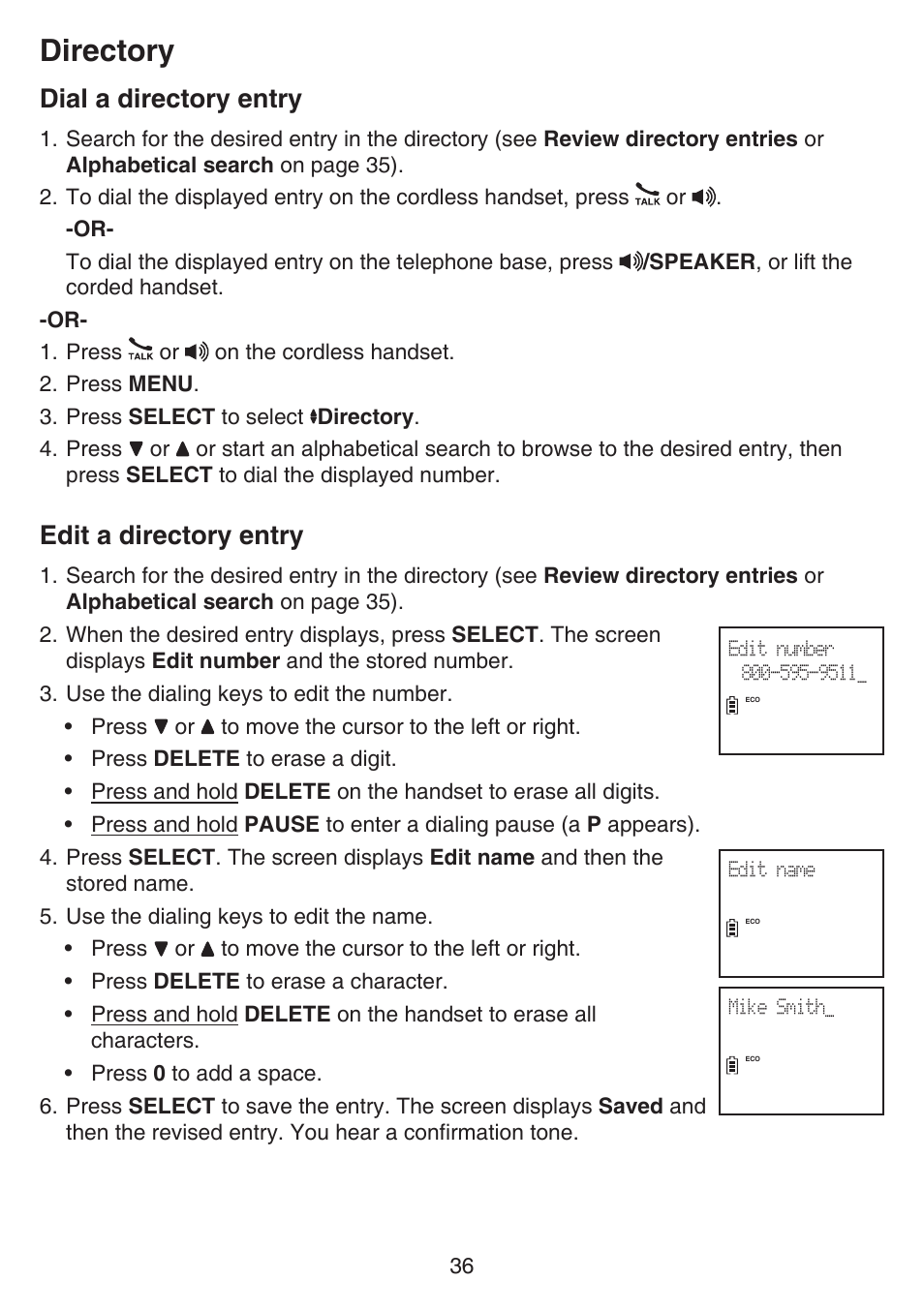 Dial a directory entry edit a directory entry, Directory, Dial a directory entry | Edit a directory entry | VTech CS6649_-2-3 Manual User Manual | Page 40 / 87
