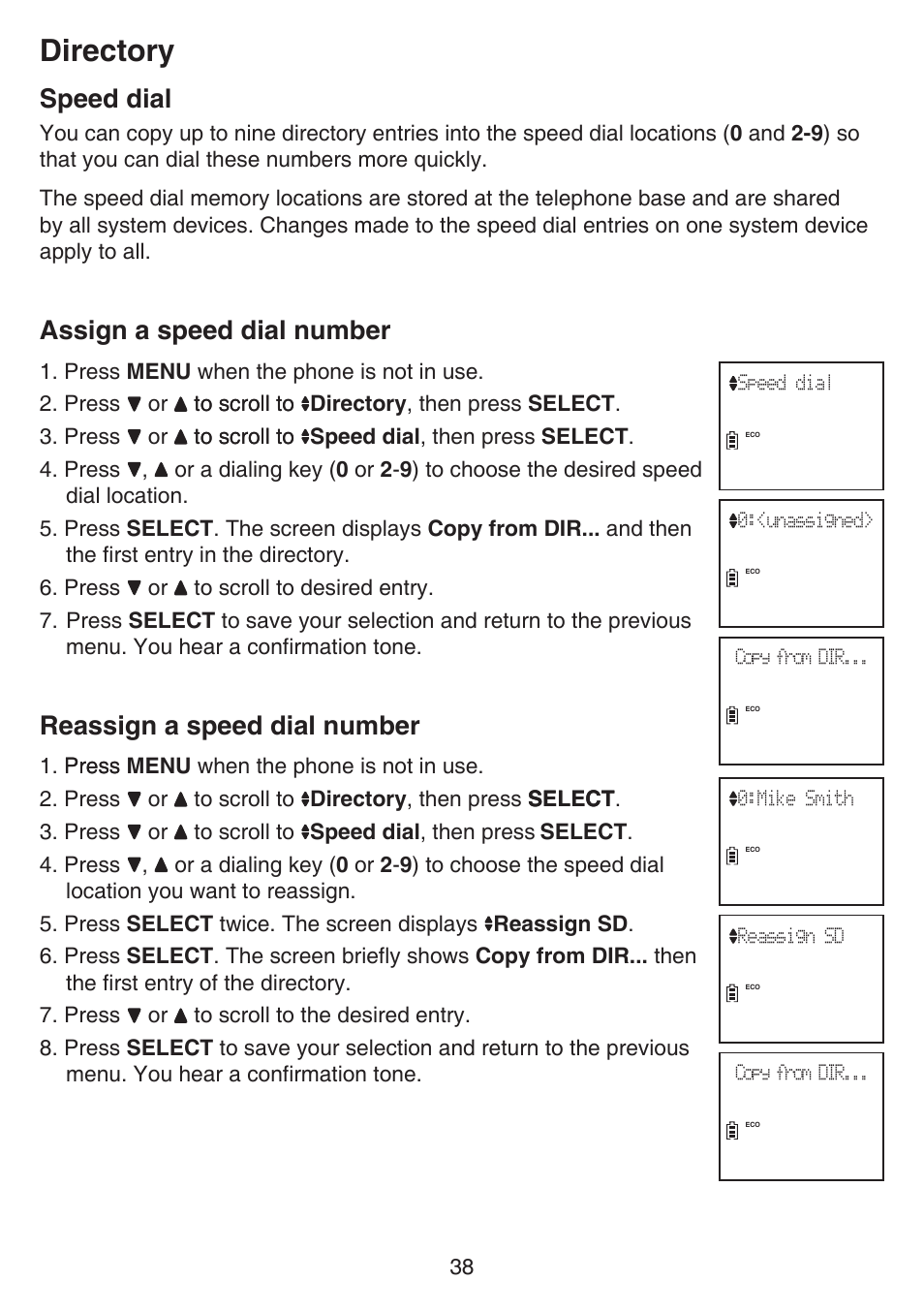 Directory, Speed dial, Assign a speed dial number | Reassign a speed dial number | VTech CS6649_-2-3 Manual User Manual | Page 42 / 87