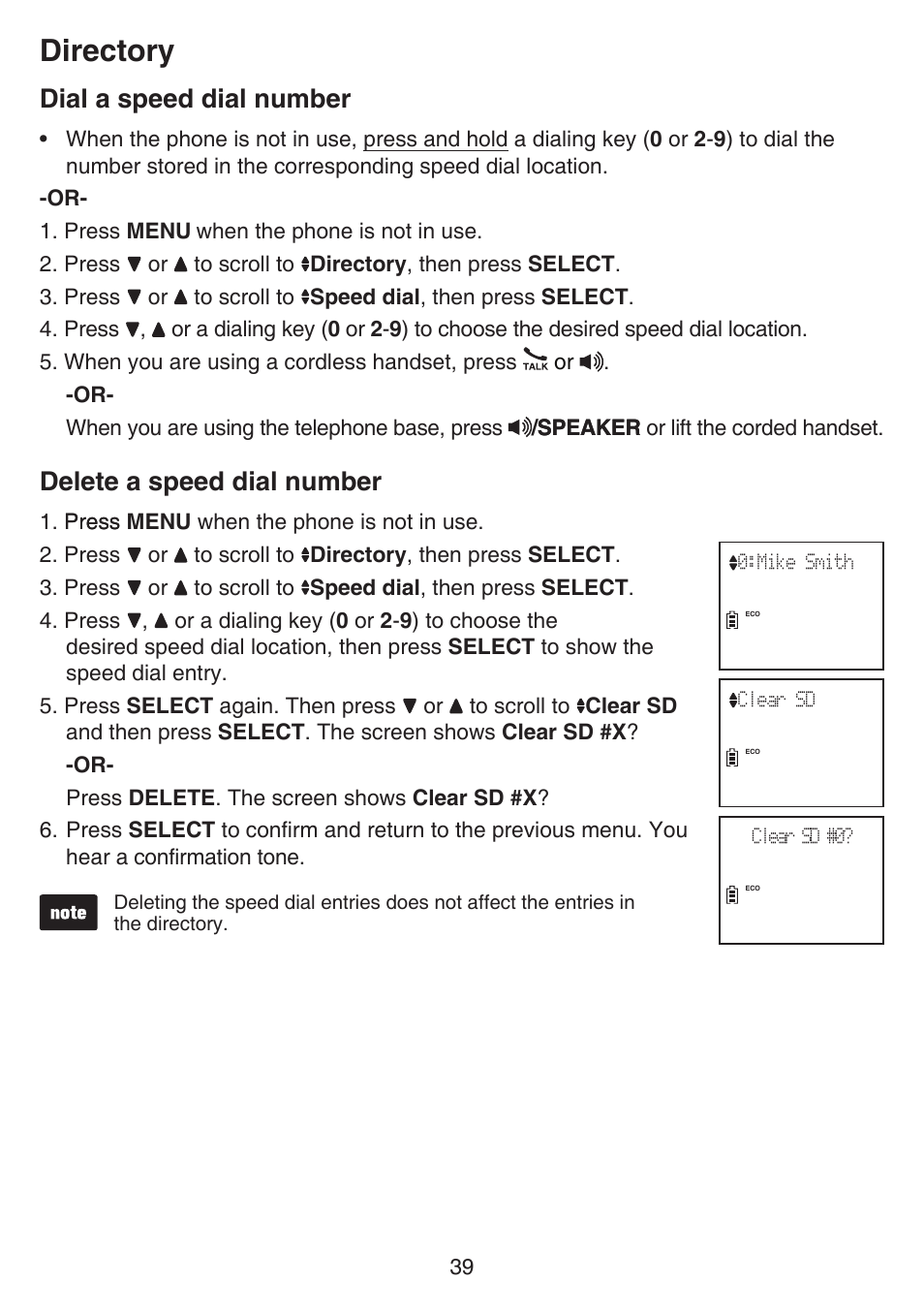 Directory, Dial a speed dial number, Delete a speed dial number | VTech CS6649_-2-3 Manual User Manual | Page 43 / 87