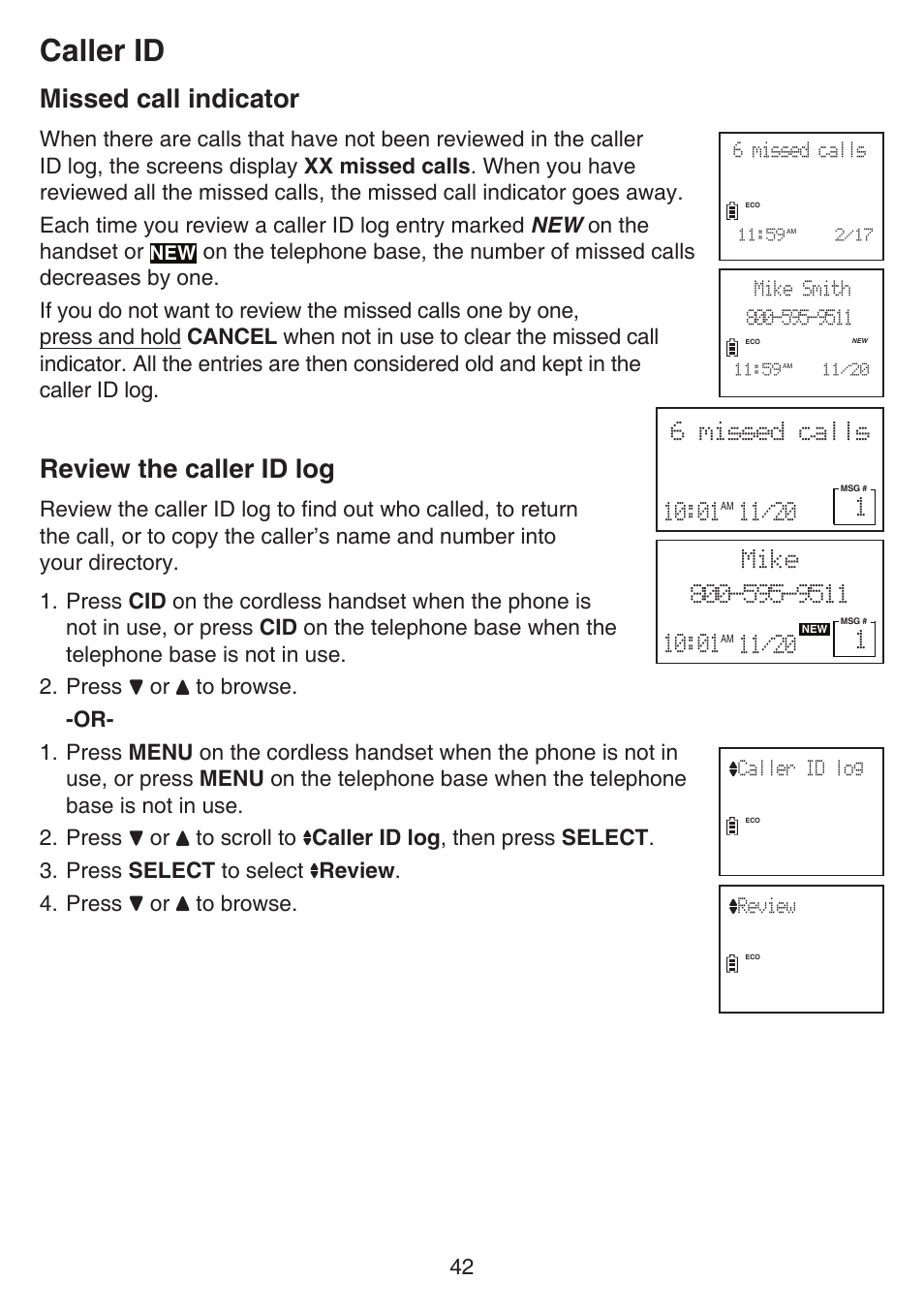 Storing a call history record into directory, Missed call indicator review the caller id log, Caller id | Missed call indicator, Review the caller id log | VTech CS6649_-2-3 Manual User Manual | Page 46 / 87
