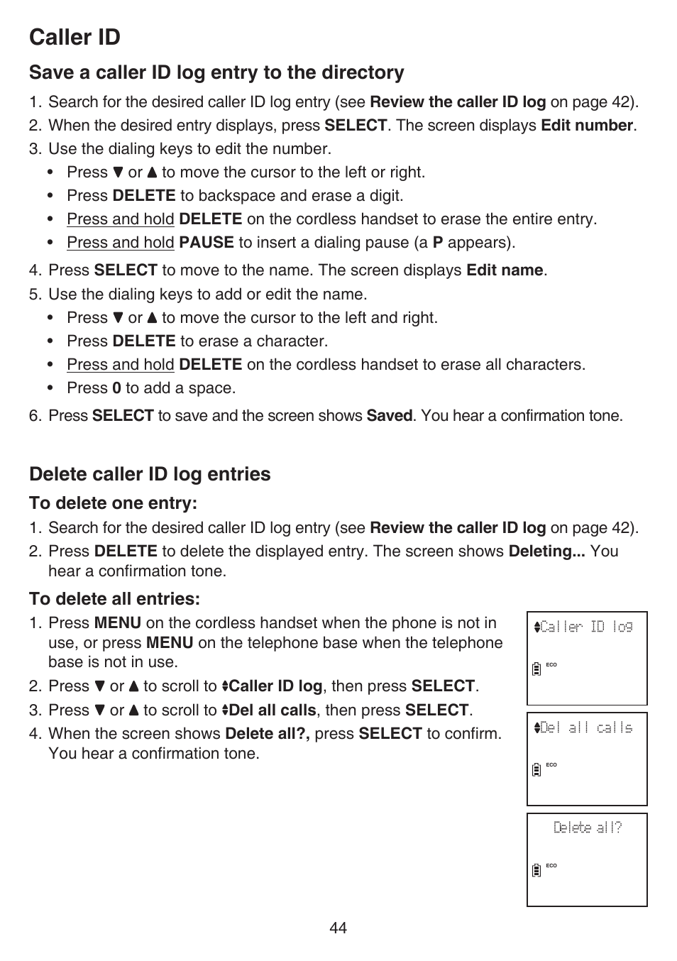 Caller id, Save a caller id log entry to the directory, Delete caller id log entries | VTech CS6649_-2-3 Manual User Manual | Page 48 / 87