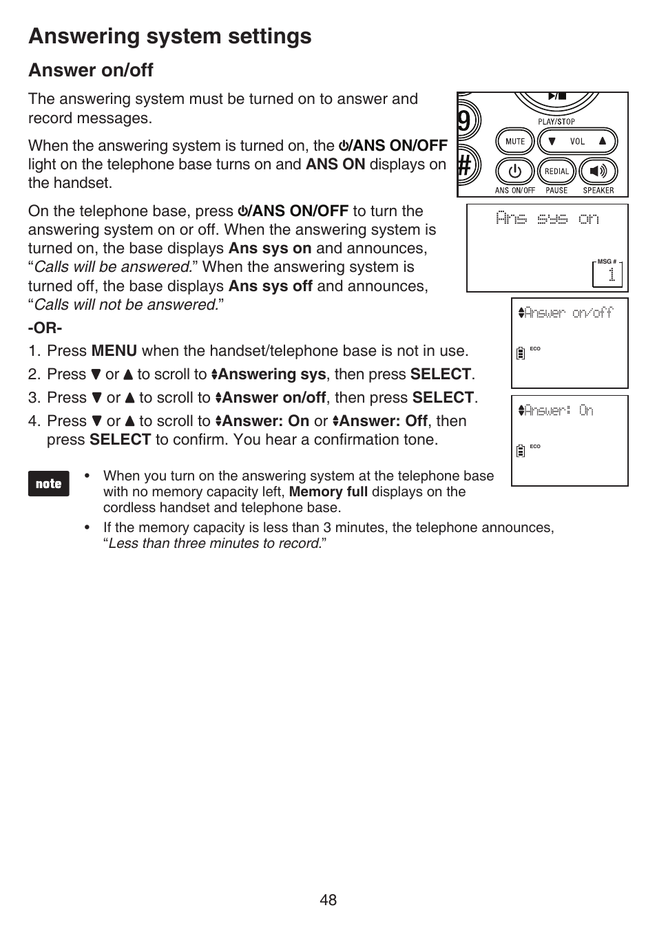 Answer on/off, Answering system settings | VTech CS6649_-2-3 Manual User Manual | Page 52 / 87