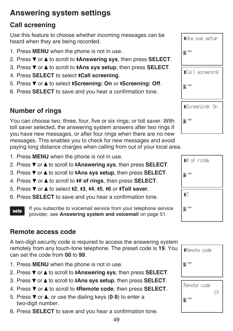 Call screening number of rings remote access code, Answering system settings, Call screening | Number of rings, Remote access code | VTech CS6649_-2-3 Manual User Manual | Page 53 / 87