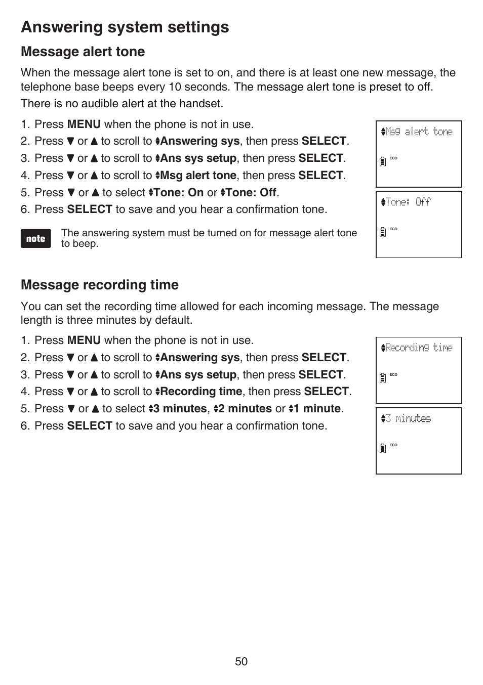 Message alert tone message recording time, Answering system settings, Message alert tone | Message recording time | VTech CS6649_-2-3 Manual User Manual | Page 54 / 87