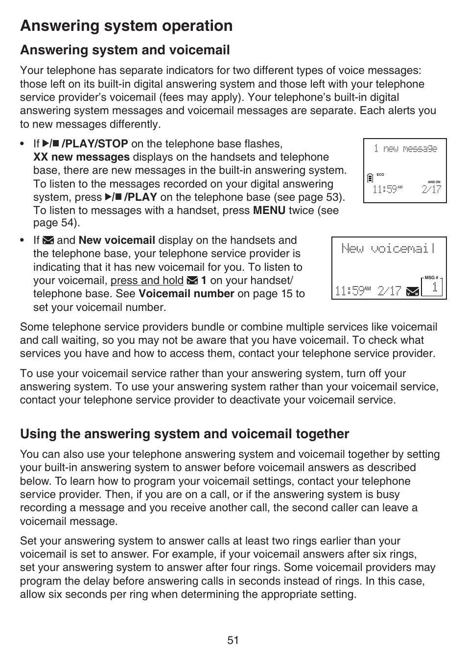 Answering system operation, Voicemail together, Answering system and voicemail | Using the answering system and voicemail together | VTech CS6649_-2-3 Manual User Manual | Page 55 / 87