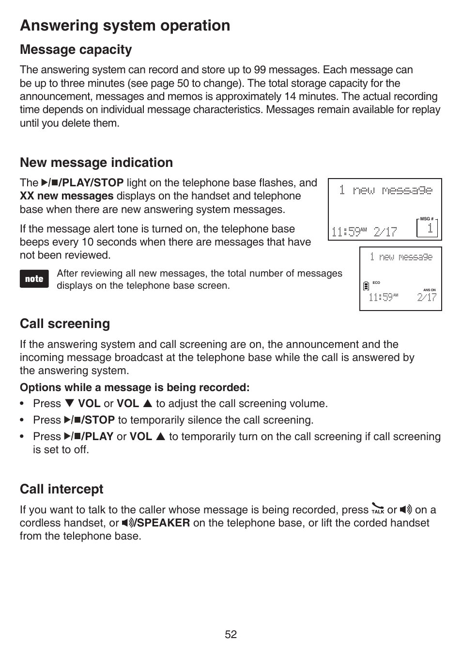 Answering system operation, Message capacity, New message indication | Call screening, Call intercept | VTech CS6649_-2-3 Manual User Manual | Page 56 / 87