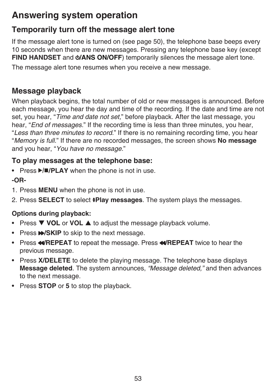 Temporarily turn off the, Message alert tone, Message playback | Answering system operation, Temporarily turn off the message alert tone | VTech CS6649_-2-3 Manual User Manual | Page 57 / 87