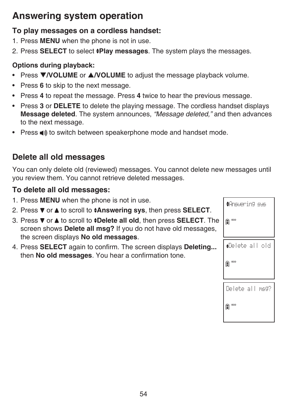 Delete all old messages, Answering system operation | VTech CS6649_-2-3 Manual User Manual | Page 58 / 87