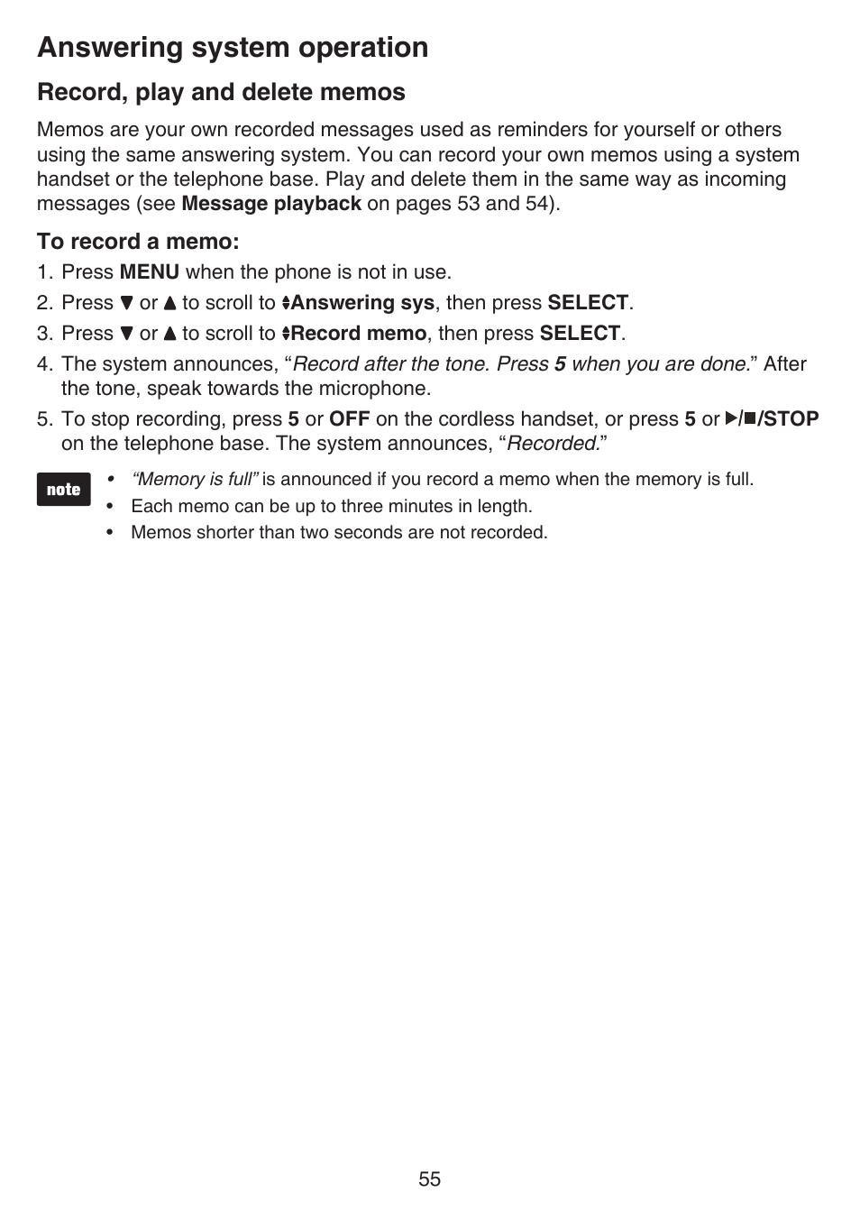 Record, play and delete memos, Answering system operation | VTech CS6649_-2-3 Manual User Manual | Page 59 / 87