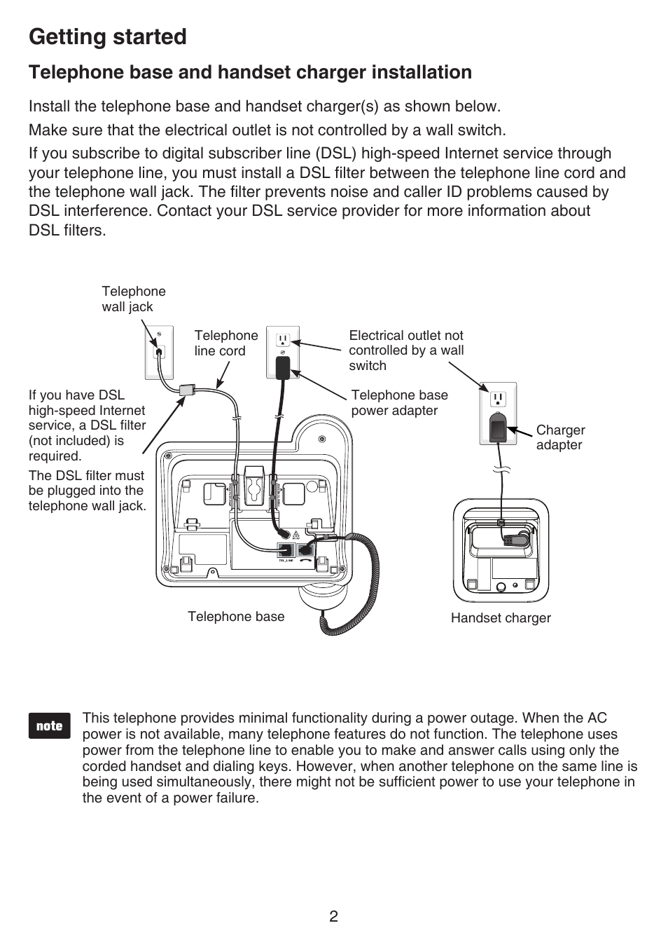 Telephone installation, Telephone base and handset charger, Installation | Getting started, Telephone base and handset charger installation | VTech CS6649_-2-3 Manual User Manual | Page 6 / 87