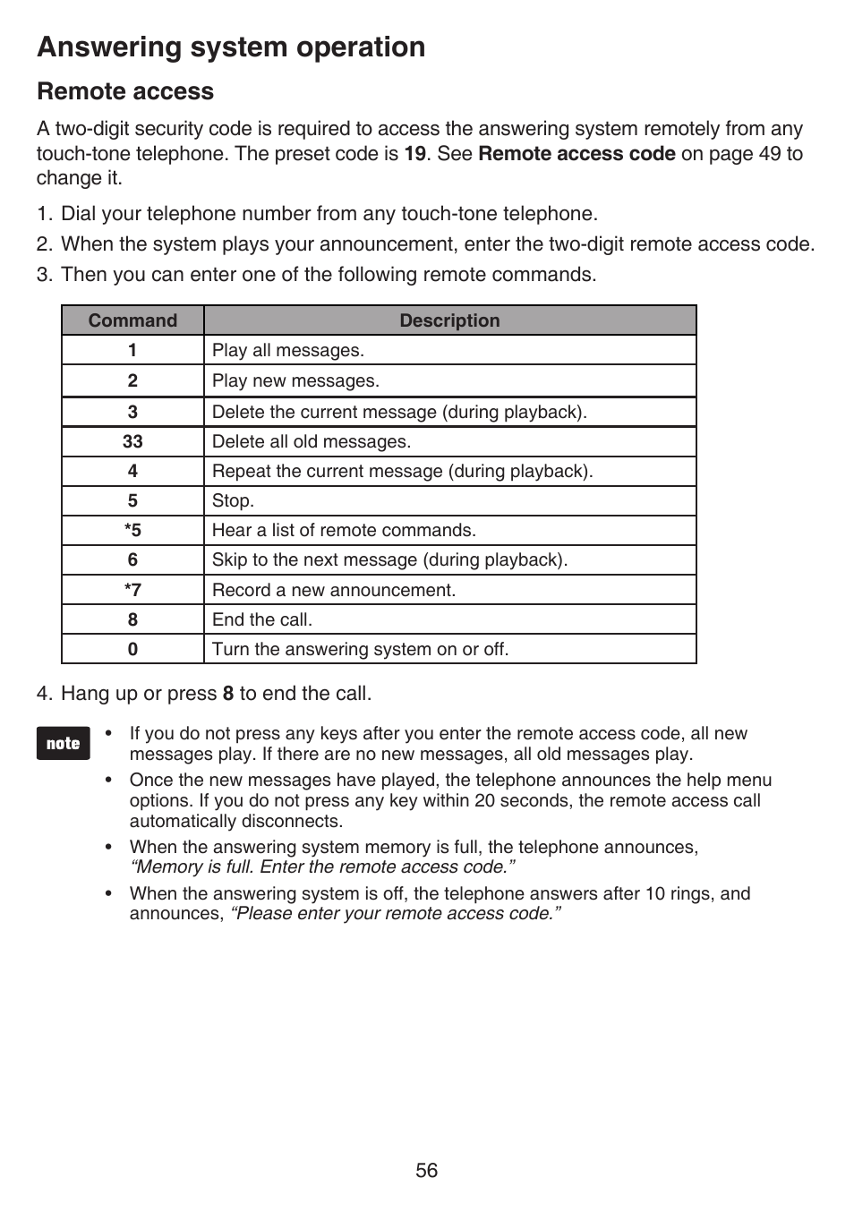 Remote access, Answering system operation | VTech CS6649_-2-3 Manual User Manual | Page 60 / 87