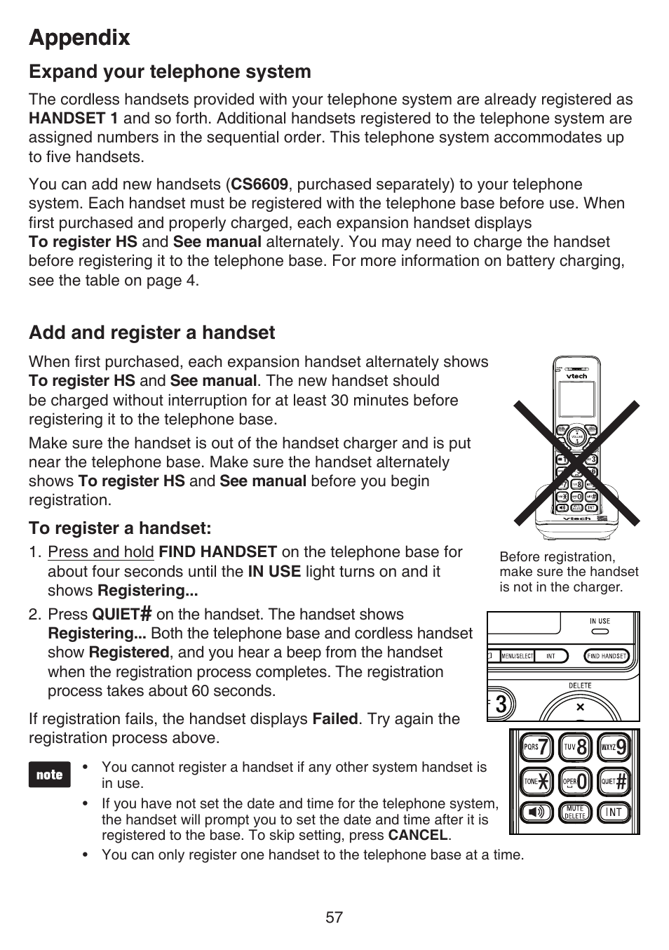 Appendix, Add and register a handset, Expand your telephone system | VTech CS6649_-2-3 Manual User Manual | Page 61 / 87