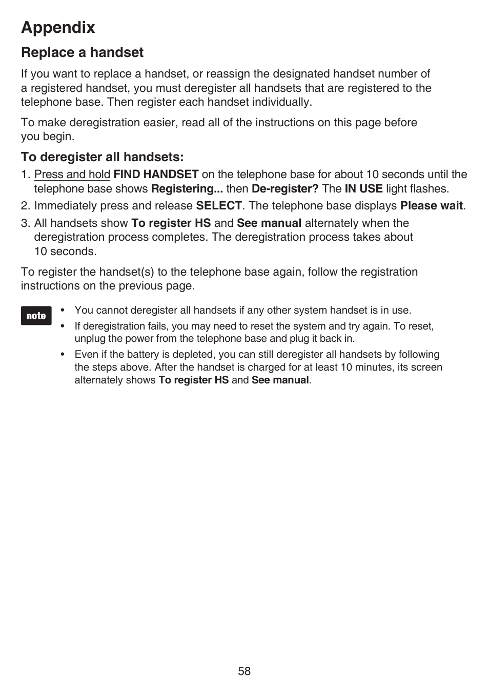 Replace a handset, Appendix | VTech CS6649_-2-3 Manual User Manual | Page 62 / 87