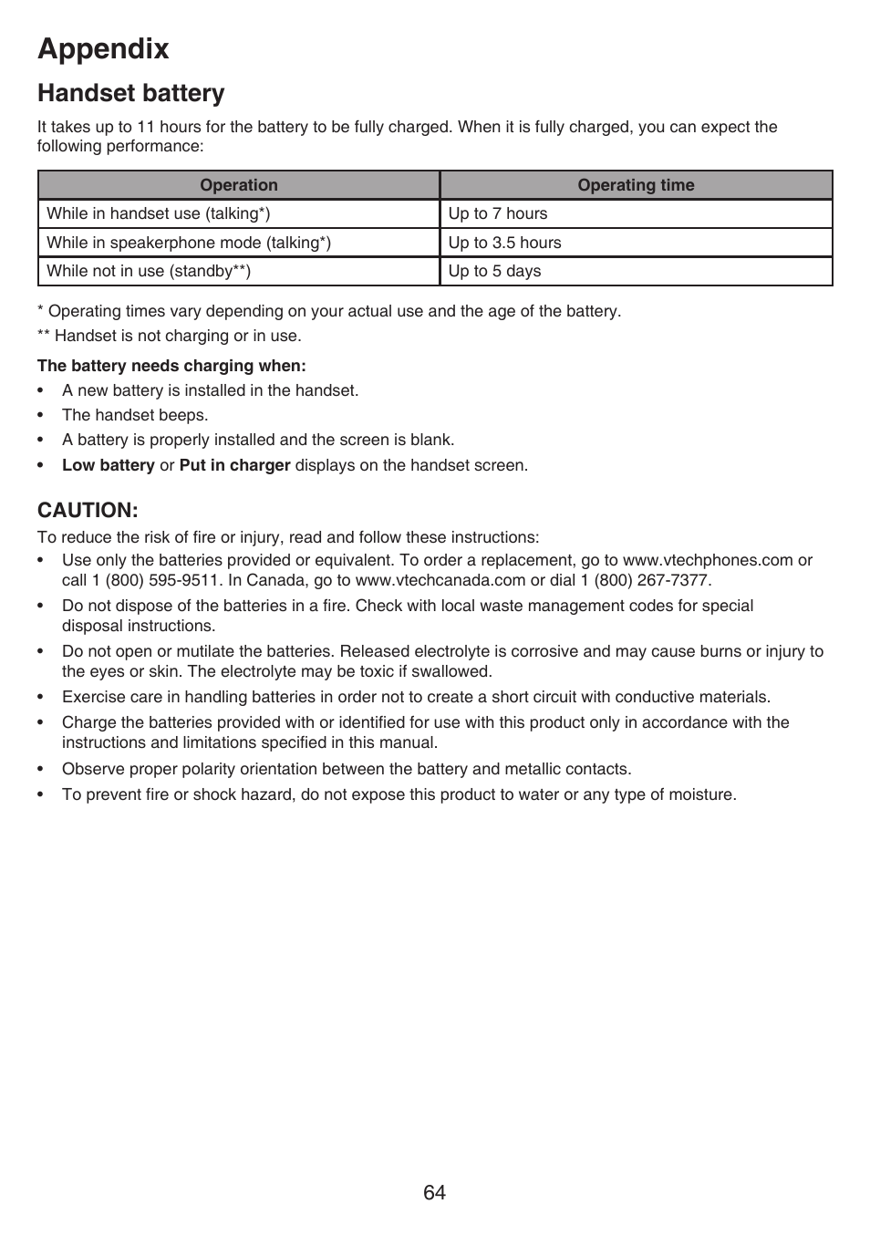 Handset battery, Appendix | VTech CS6649_-2-3 Manual User Manual | Page 68 / 87
