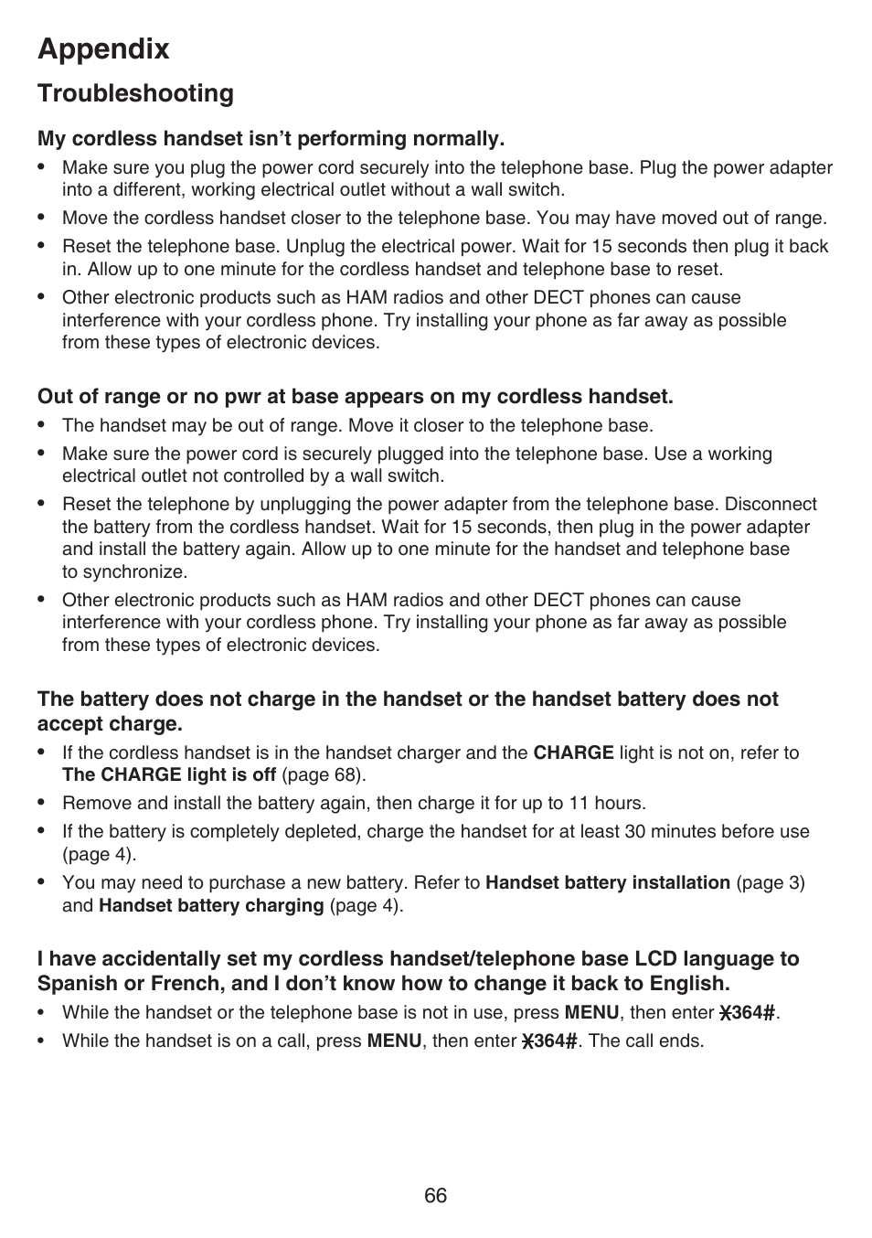 Appendix, Troubleshooting | VTech CS6649_-2-3 Manual User Manual | Page 70 / 87