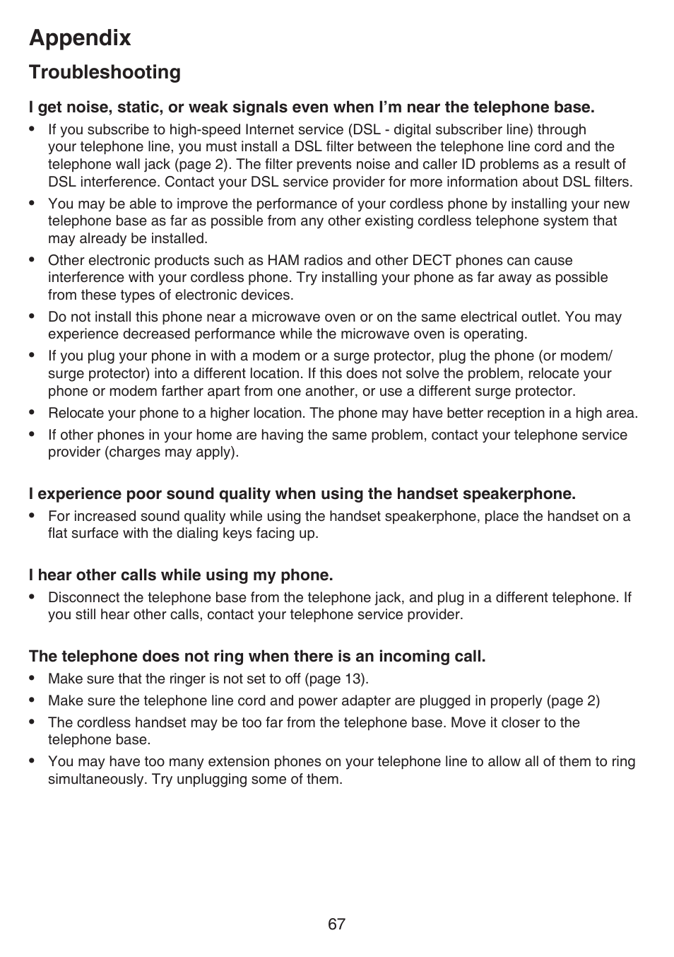 Appendix, Troubleshooting | VTech CS6649_-2-3 Manual User Manual | Page 71 / 87