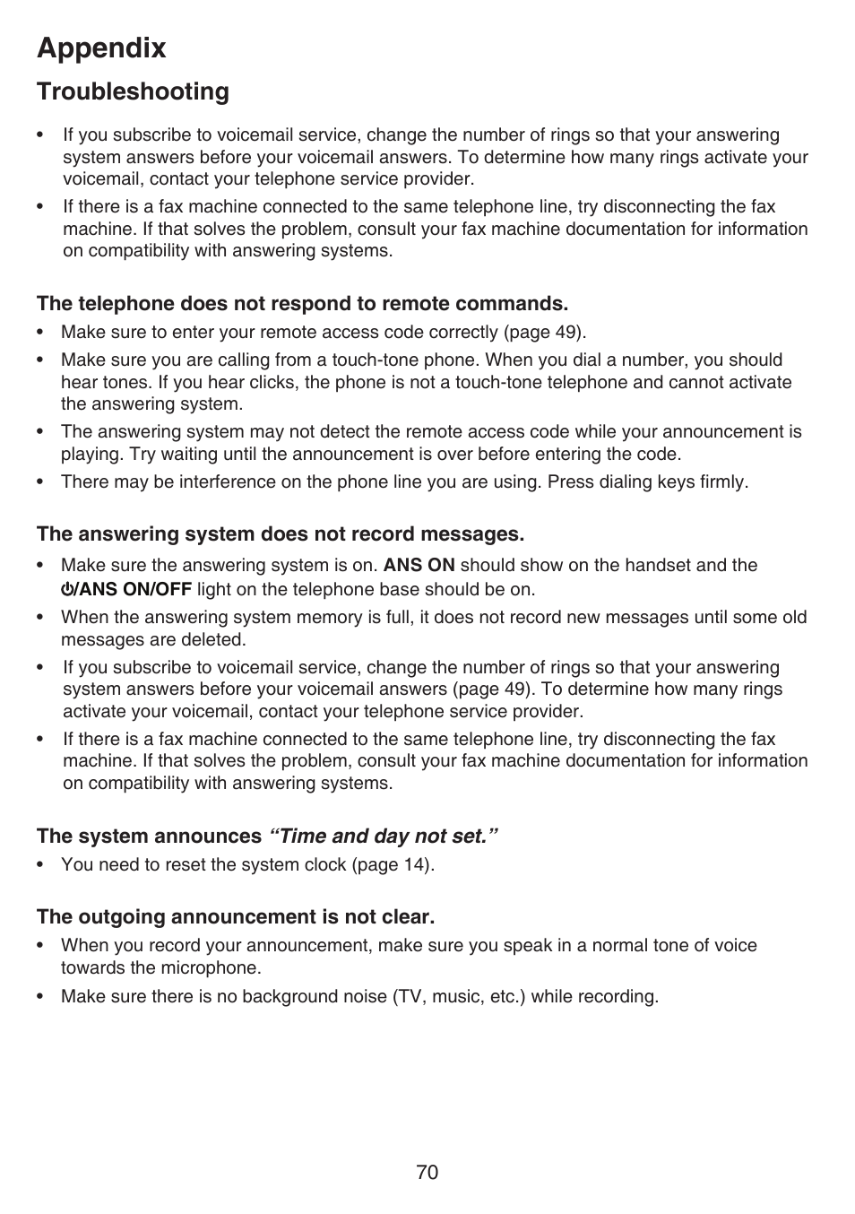 Appendix, Troubleshooting | VTech CS6649_-2-3 Manual User Manual | Page 74 / 87