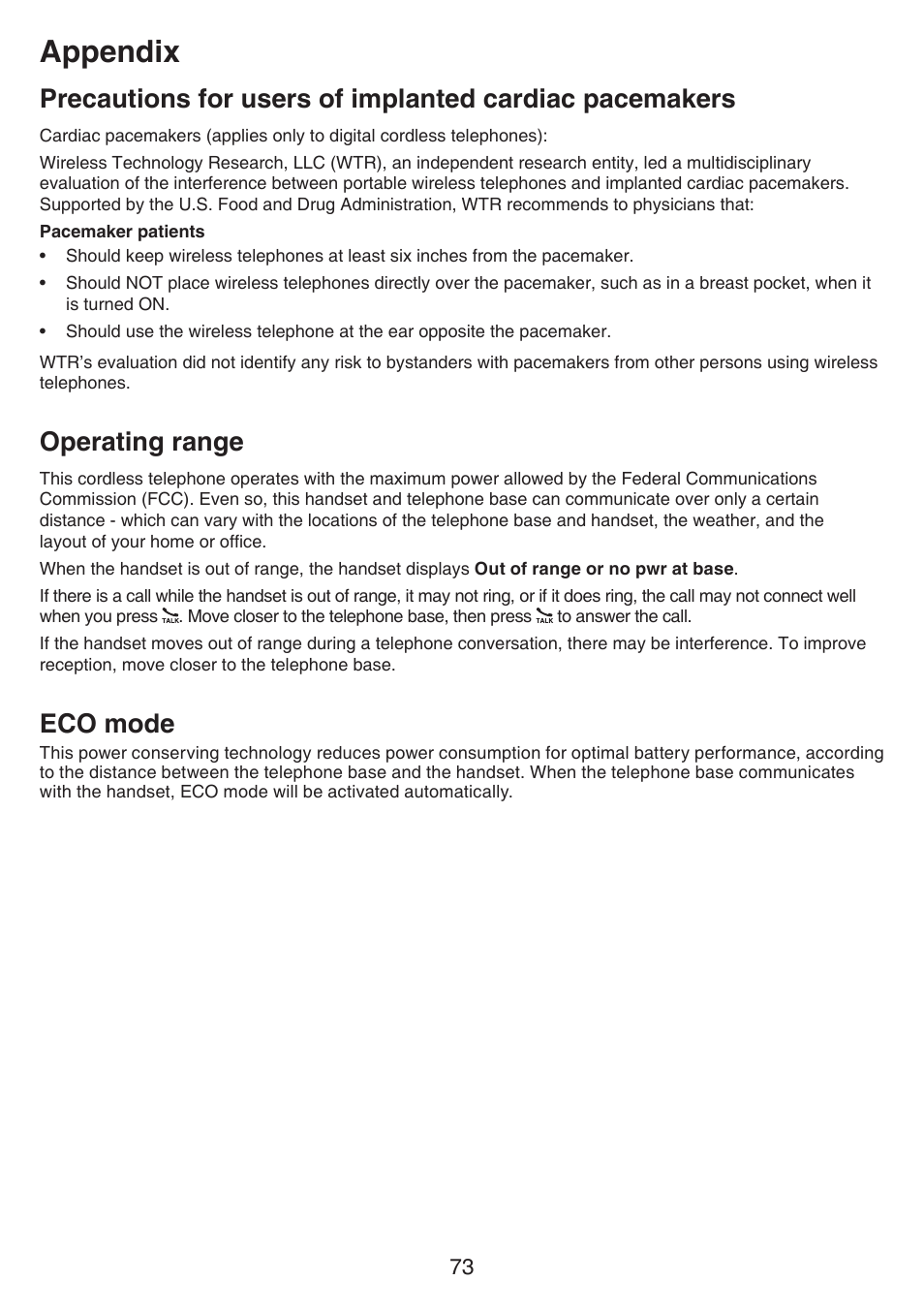 Precautions for users of implanted, Cardiac pacemakers, Operating range eco mode | Appendix, Operating range, Eco mode | VTech CS6649_-2-3 Manual User Manual | Page 77 / 87