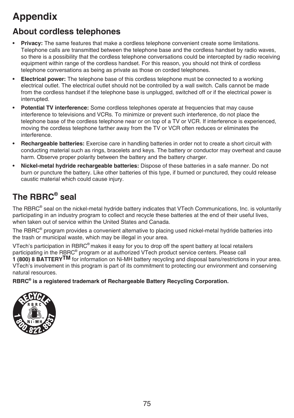 About cordless telephones the rbrc, Seal, Appendix | About cordless telephones, The rbrc | VTech CS6649_-2-3 Manual User Manual | Page 79 / 87