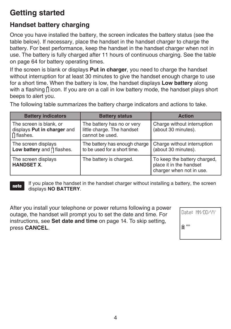 Handset battery charging, Getting started | VTech CS6649_-2-3 Manual User Manual | Page 8 / 87